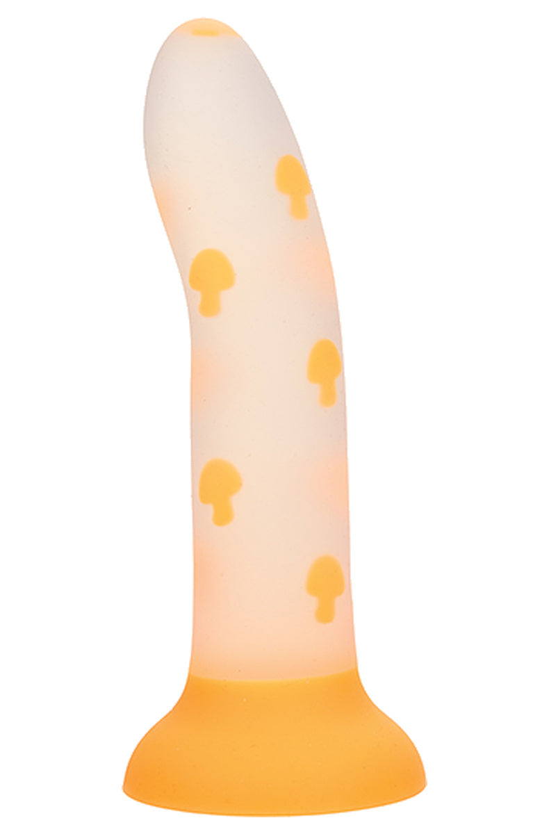 Orange mushroom glow in the dark dildo standing on its orange suction cup base