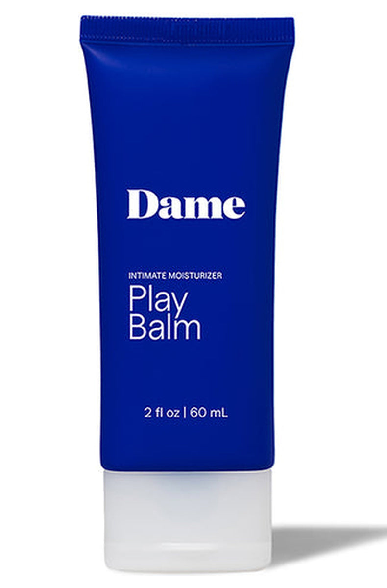 Dame Play Balm intimate moisturizer, blue 2 fl oz tube with a white cap.
