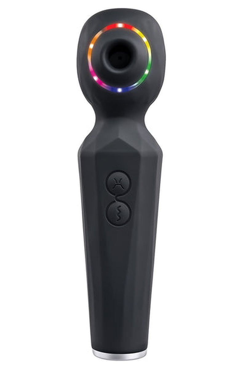 Black Evolved Rainbow Sucker wand vibrator with the rainbow LED ring lit around the suction orifice.
