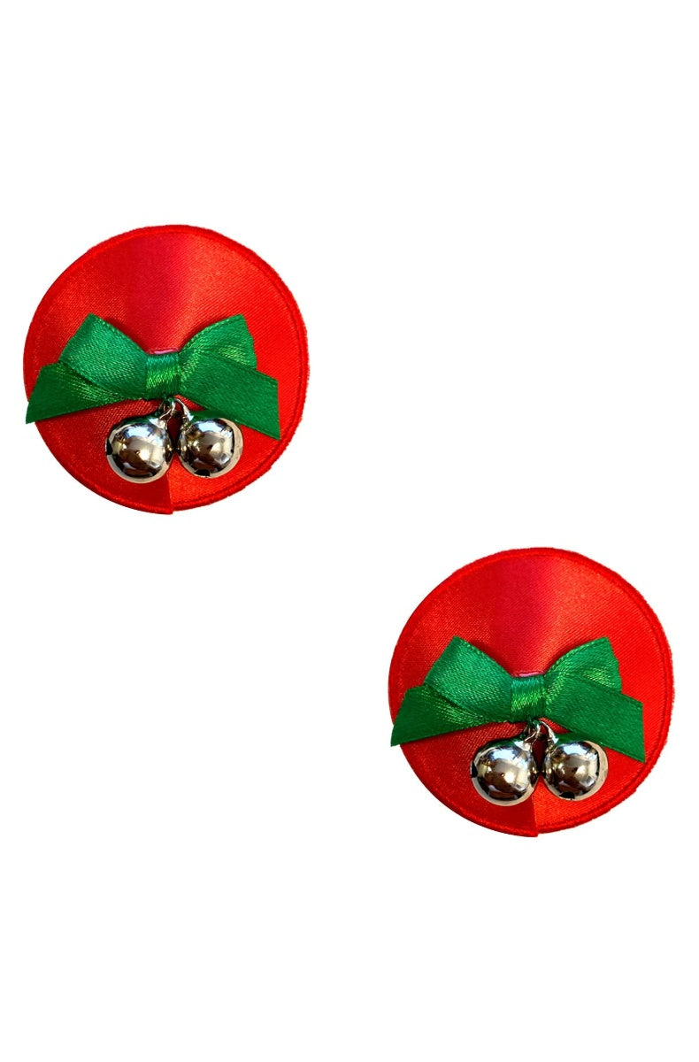 Pair of round red satin pasties, each with a green satin bow and two silver jingle bells