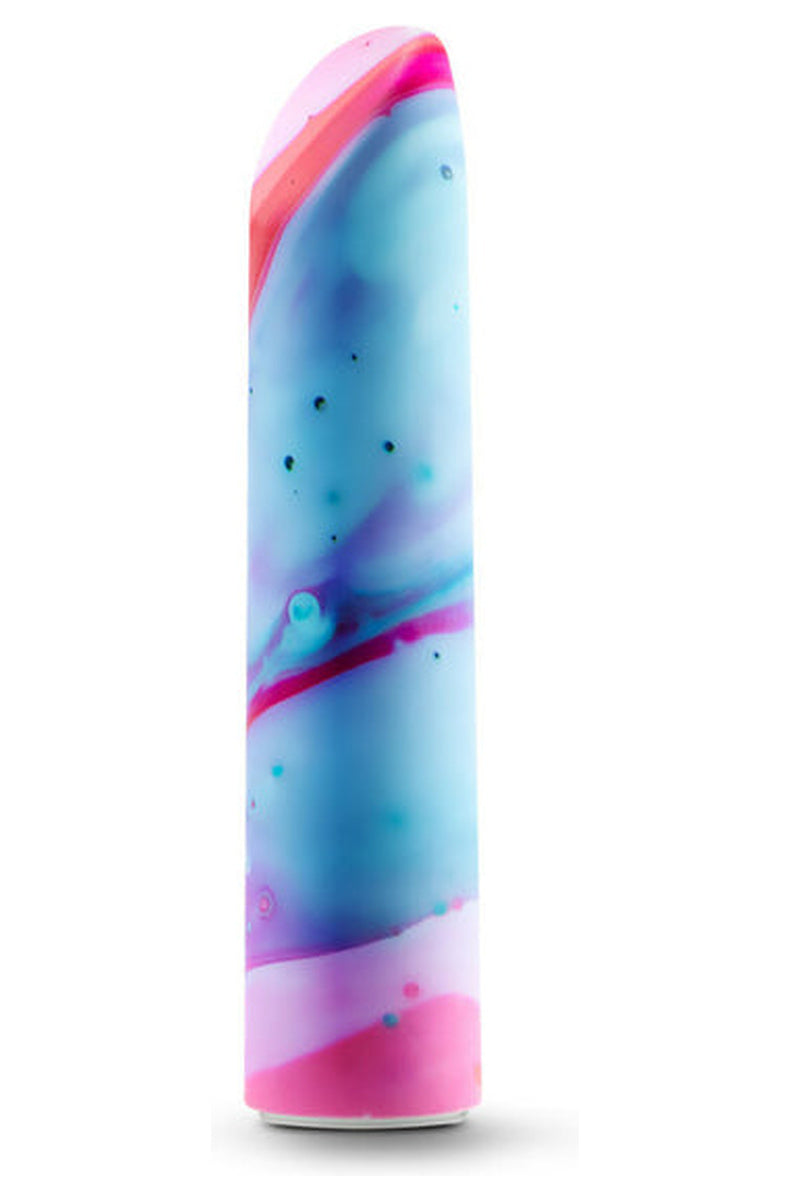Limited Addiction Fascinate power bullet in a marbled pink, coral and turquoise swirl, with an angled tip.