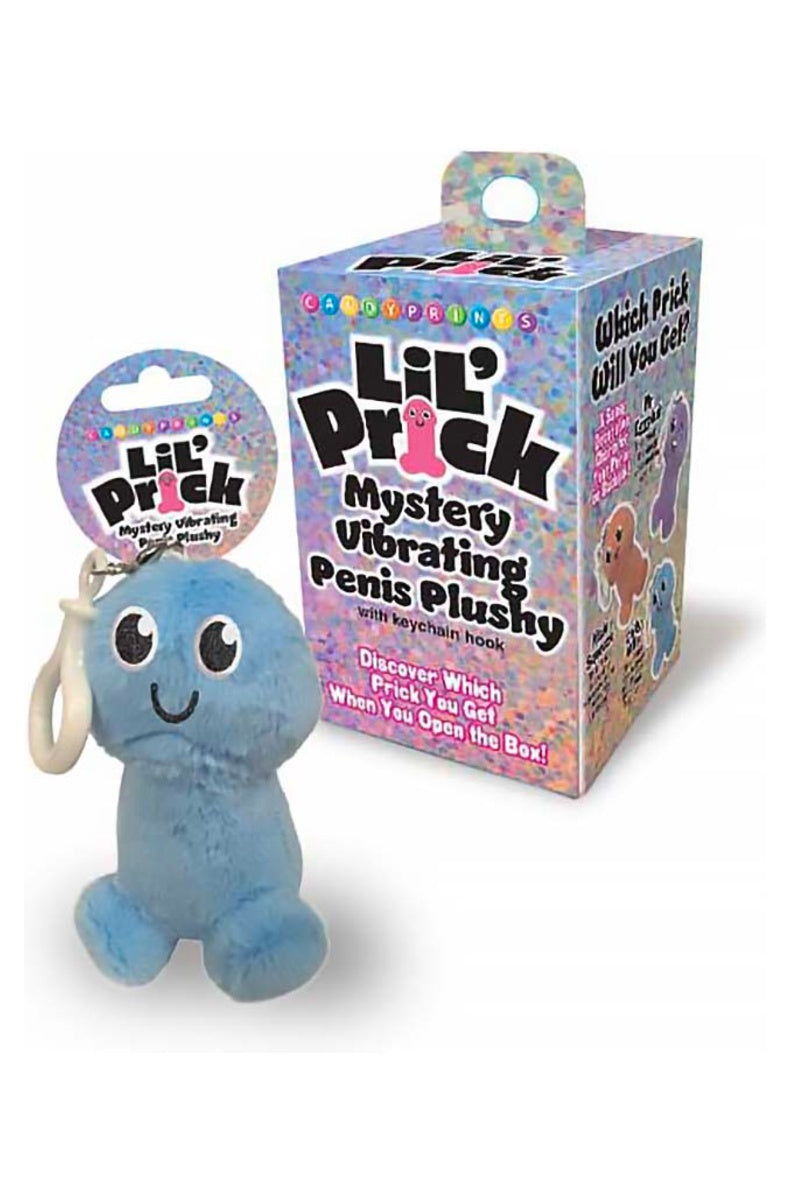 Blue plush penis keychain charm with a smiling face, standing next to its blind box