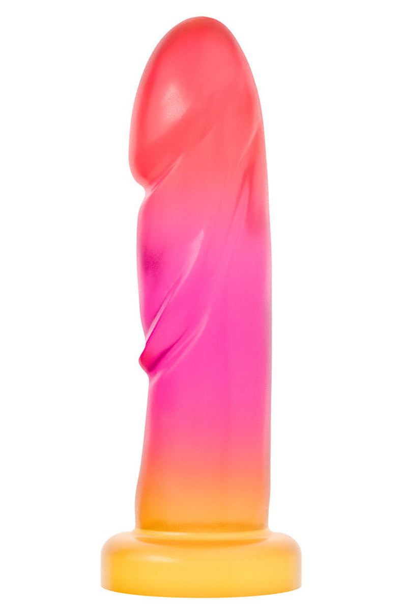 Pink and gold ombre dildo, front view of the broad head