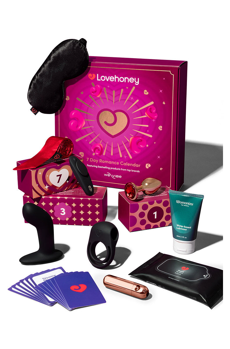 7 day advent calendar contents: blindfold, restraints, plug, cock ring, bullet, lube, wipes and card game