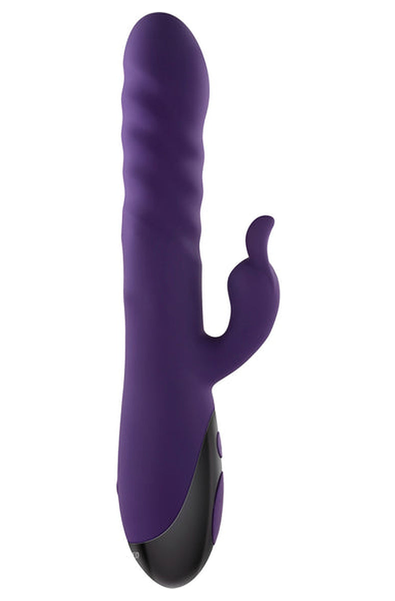 Evolved Rascally Rabbit purple thrusting vibrator at an angle, showing the swirled shaft and curled clitoral arm.