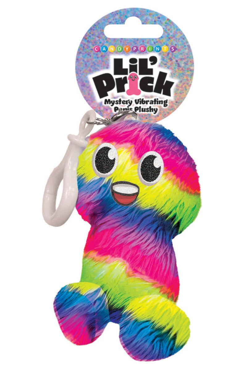 Rainbow tie dye plush penis keychain charm with a smiling face and a hanging loop