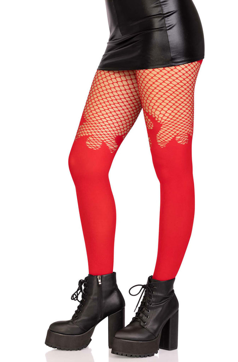 Angled view of the red flame tights showing the fishnet top above the opaque leg