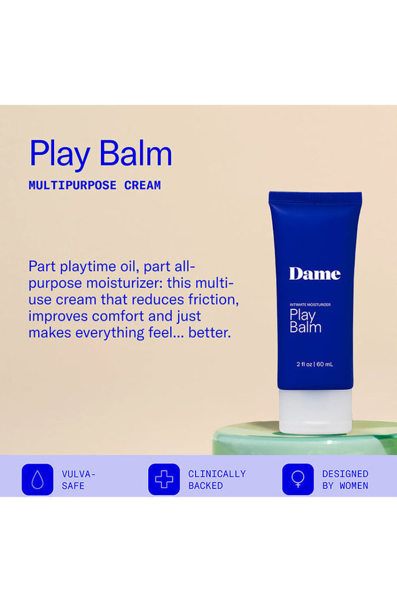 Play Balm described as a multipurpose cream that reduces friction, with vulva safe and clinically backed icons.