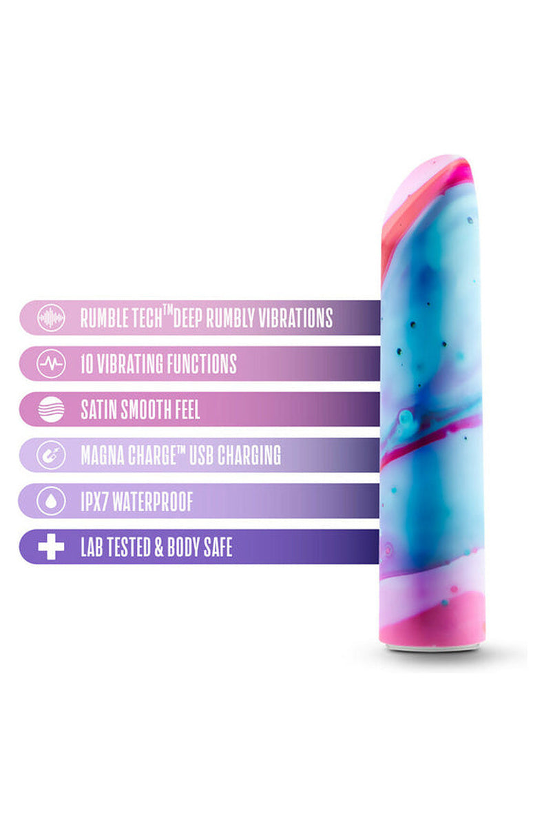 Fascinate feature list: Rumble Tech vibrations, 10 functions, satin feel, Magna Charge, IPX7 waterproof.
