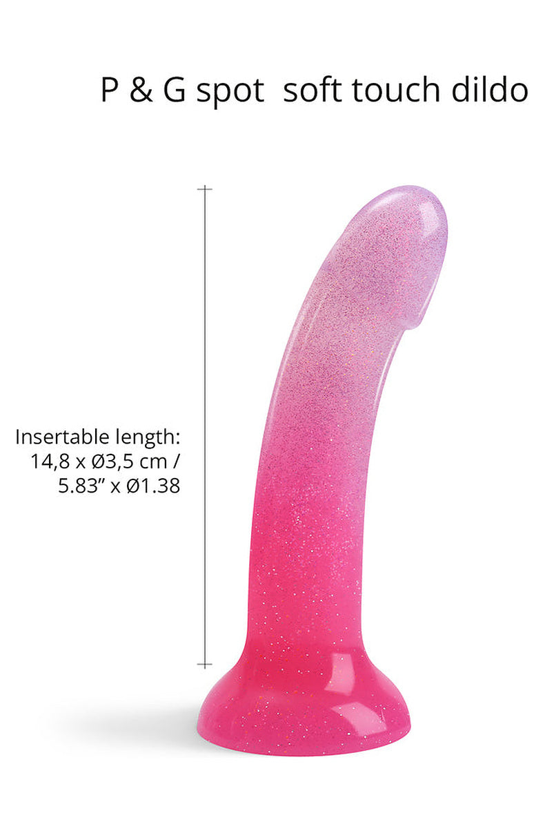 Pink glitter dildo size: 5.83 in insertable length, 1.38 in diameter