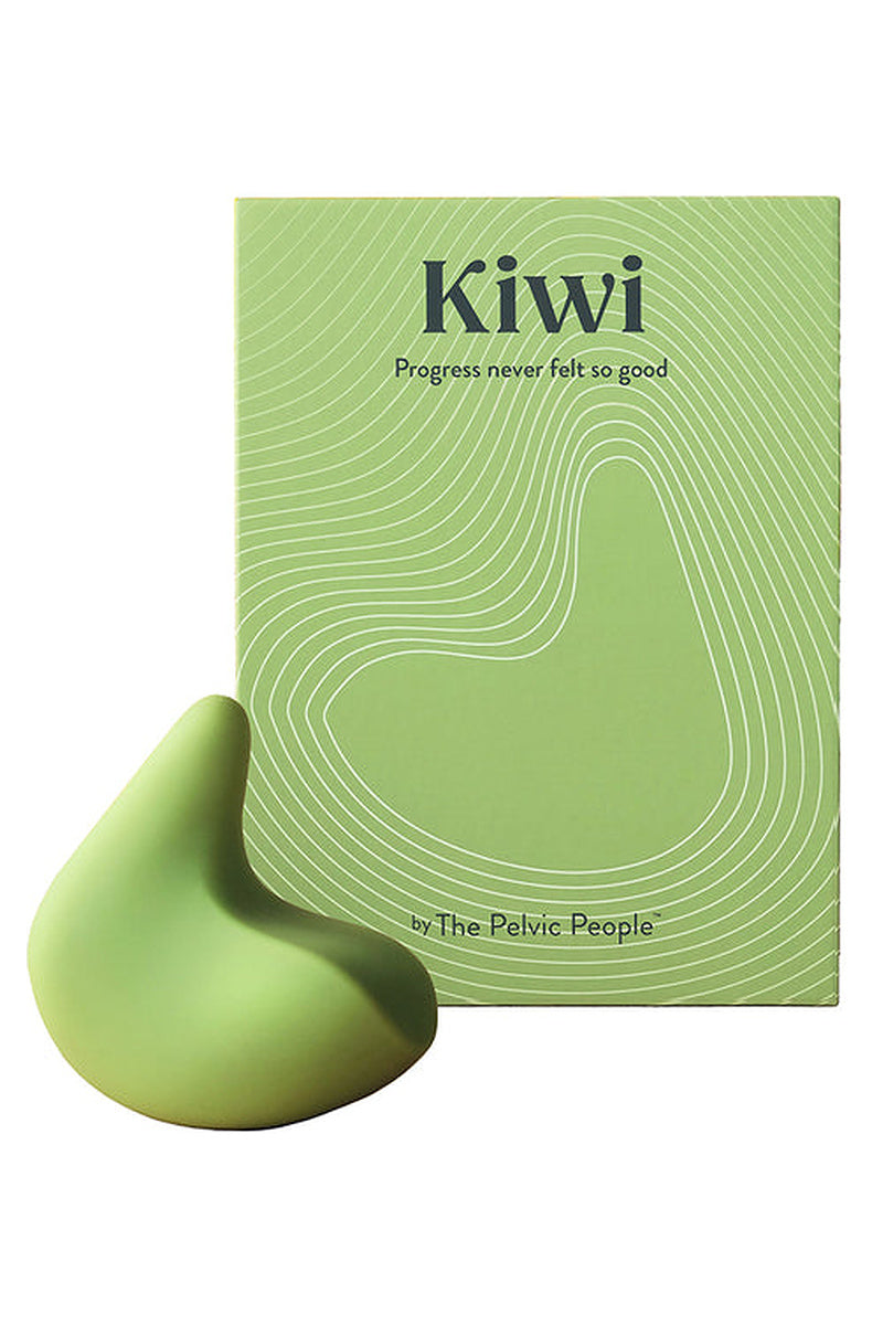 Green Kiwi massager beside its retail box, marked Kiwi by The Pelvic People.