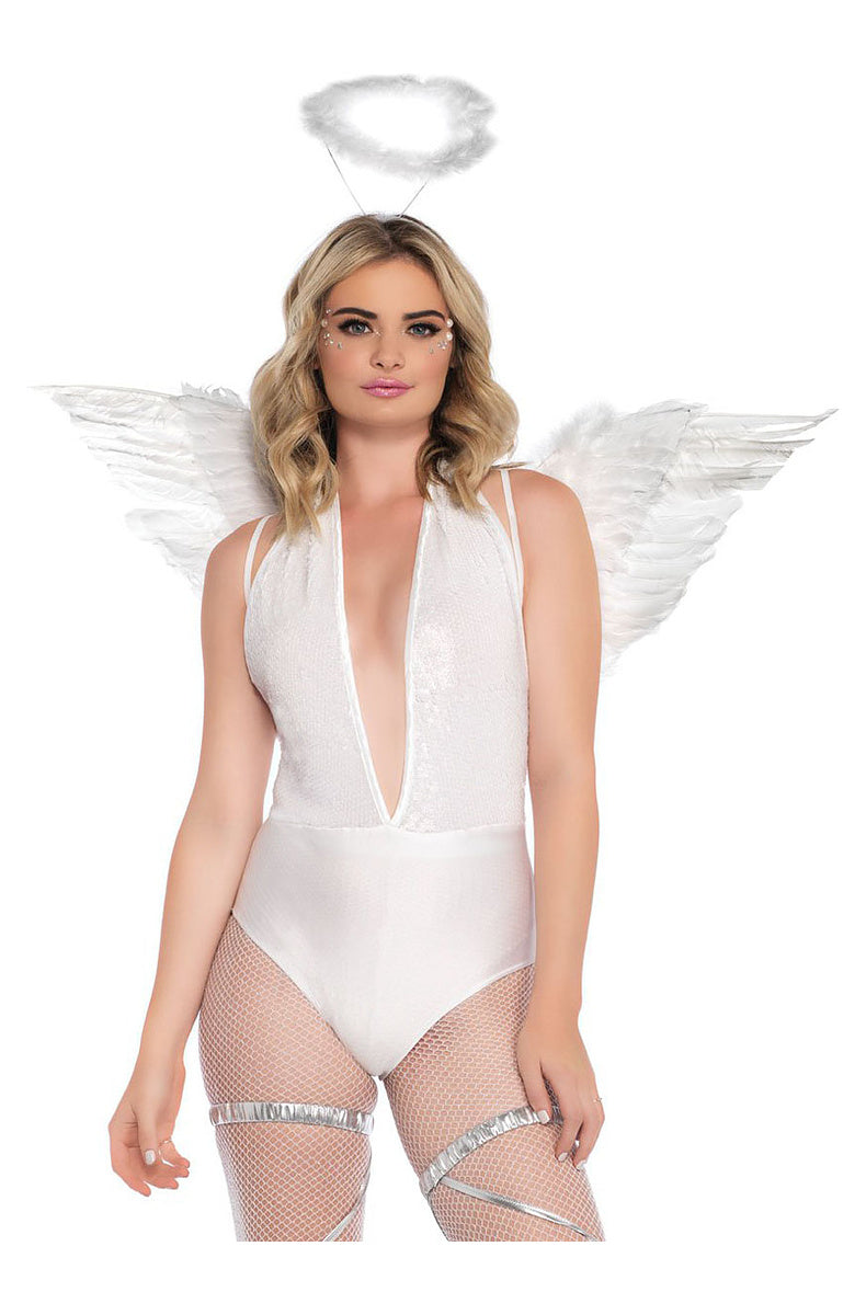 White feather angel wings and halo set, front view