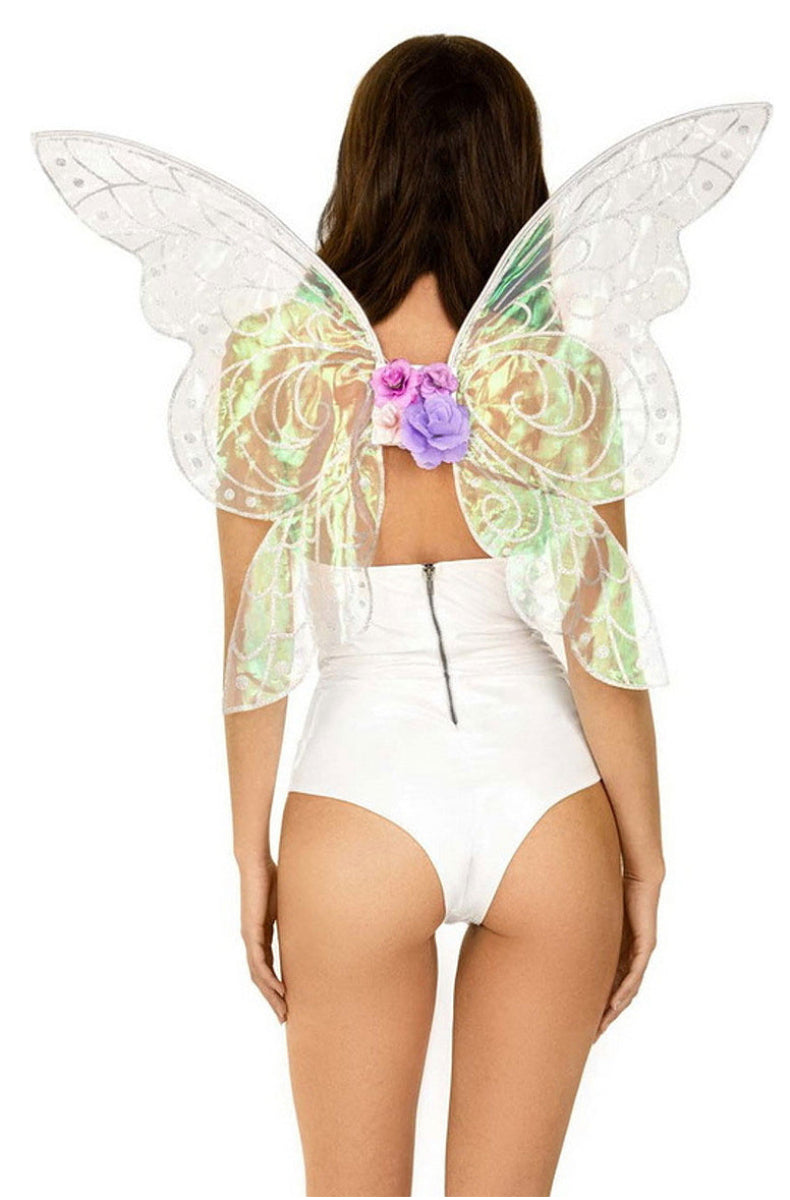 Iridescent glitter fairy wings, back view with flower detail