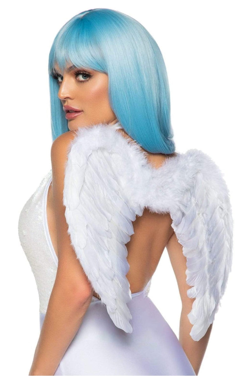 White marabou trimmed feather angel wings, side view