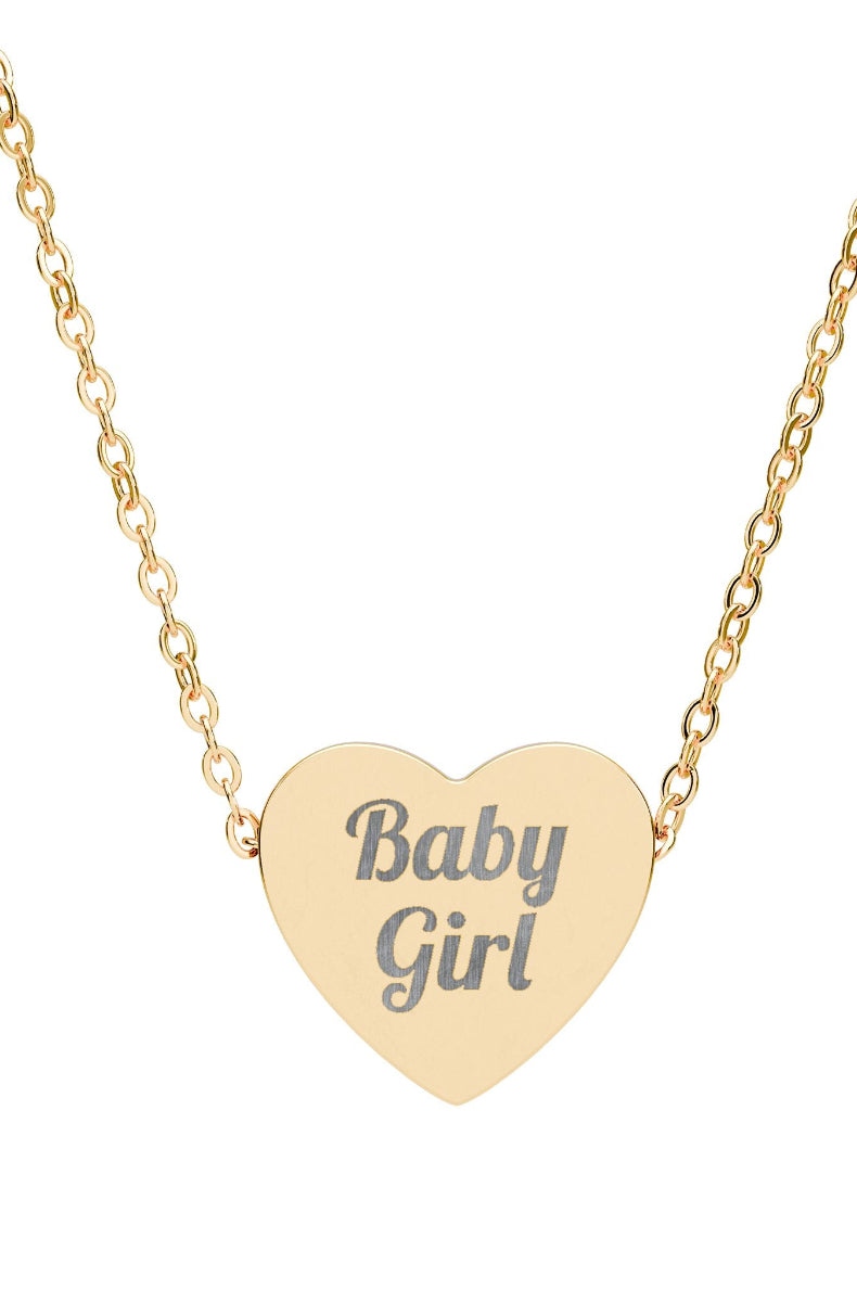 Gold necklace with a heart-shaped pendant displaying 'Baby Girl' on a white background