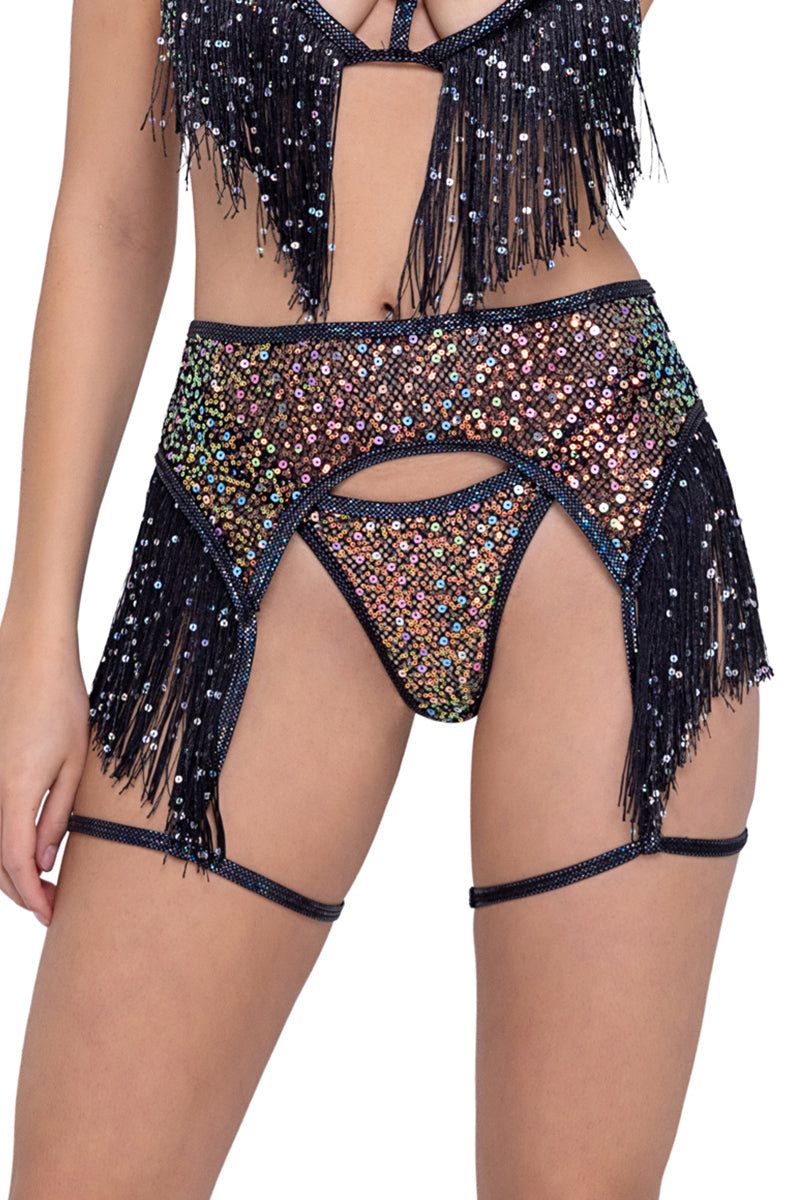 Model wearing iridescent black sequin garter belt with black sequin fringe at the waist and hips