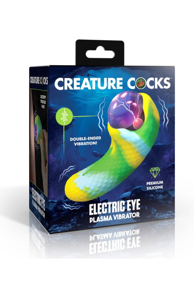 Product packaging showing Creature Cocks Electric Eye Plasma Vibrator box with blue background and product image