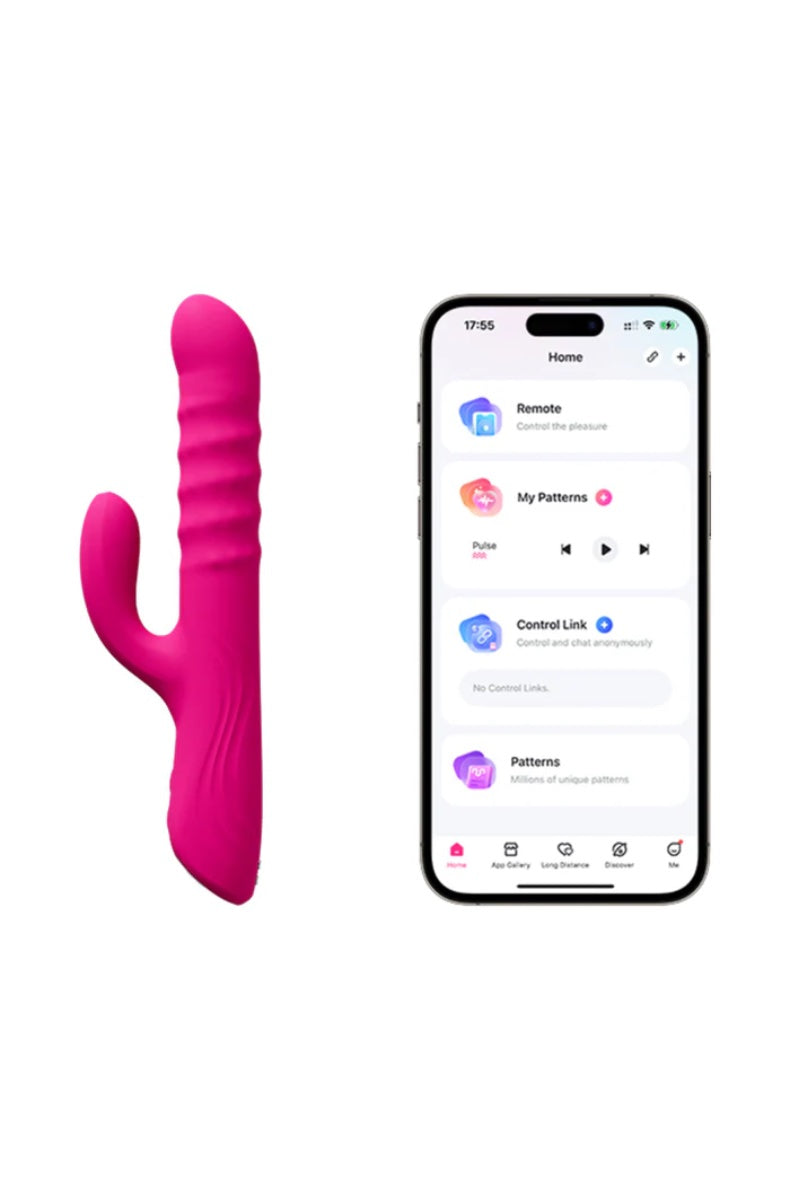 Pink rabbit vibrator with smartphone showing Lovense app control interface