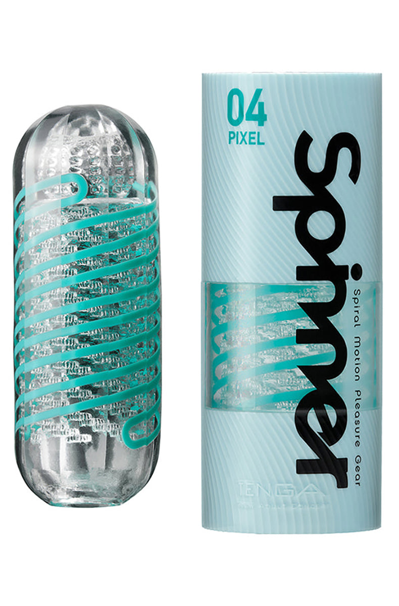 Tenga Spinner 04 Pixel: clear elastomer sleeve with teal internal coil beside its teal printed storage and drying case.