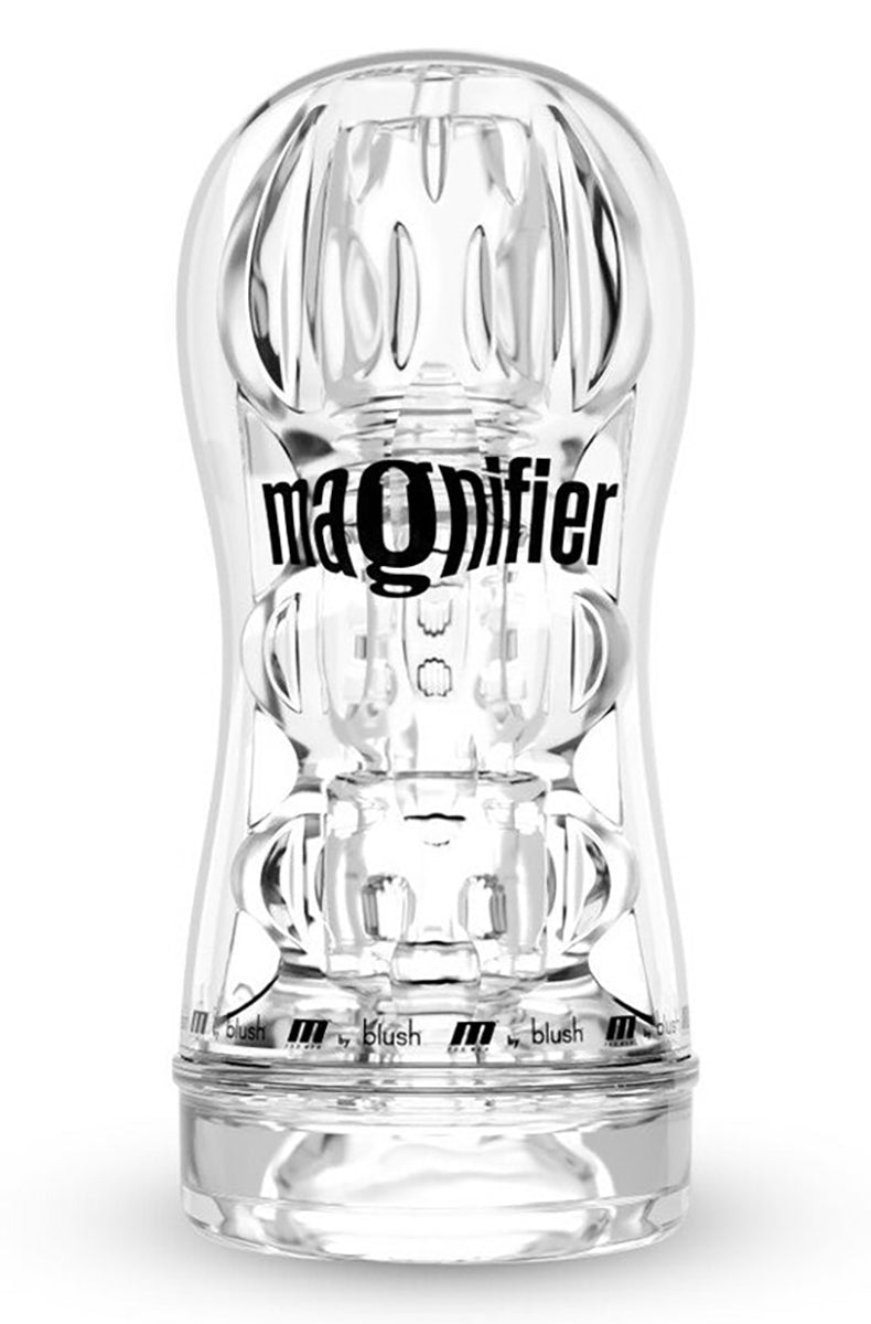Clear plastic Magnifier stroker cup showing internal textured chambers, single product