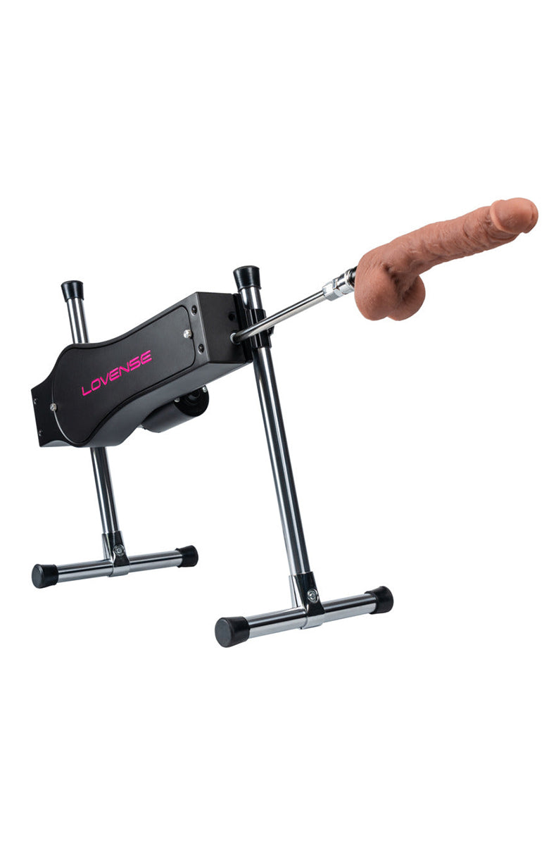 Lovense App-Compatible Sex Machine on a four-leg steel stand with a black motor and an attached realistic dildo.