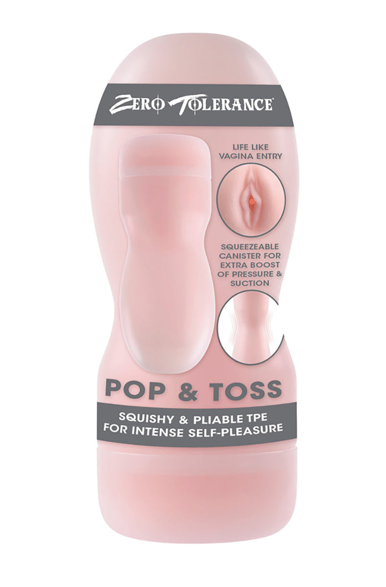 Pink Zero Tolerance Pop and Toss squeezable pussy stroker canister with a lifelike vagina entry shown in an inset diagram.