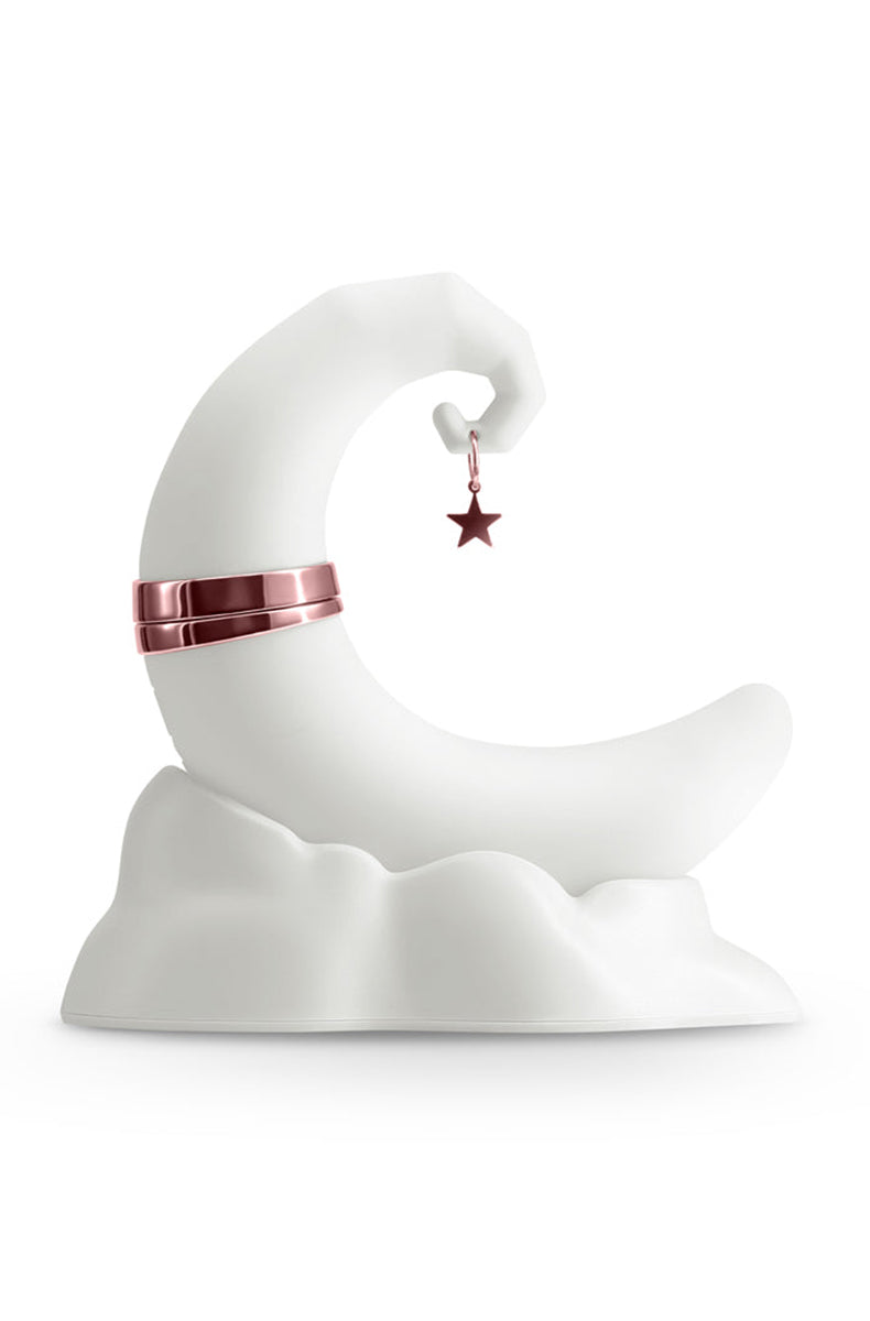 Front view of Firefly Dream air pulse vibrator shaped like a crescent moon resting on a cloud base with a pink star charm.
