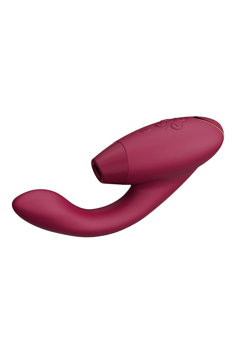 Front view of Womanizer Duo 2 in bordeaux red silicone showing Pleasure Air clitoral head and curved G-spot shaft.