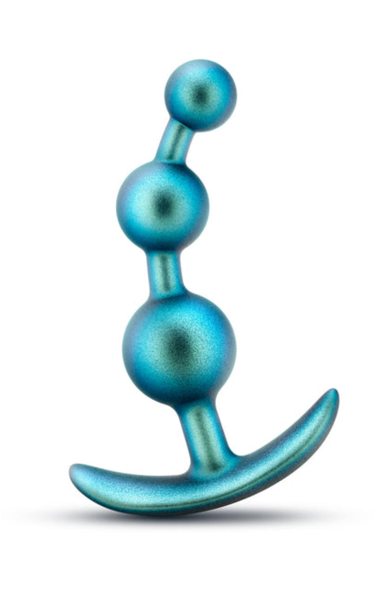 Teal metallic silicone anal plug with three progressive beads on a curved anchor base, front view on white background.