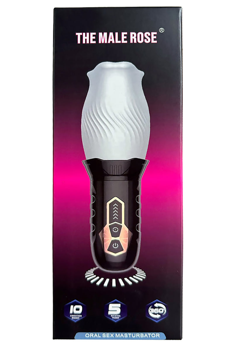 The Male Rose masturbator standing upright, sleeve attached to the black motor housing with a strap on the side.