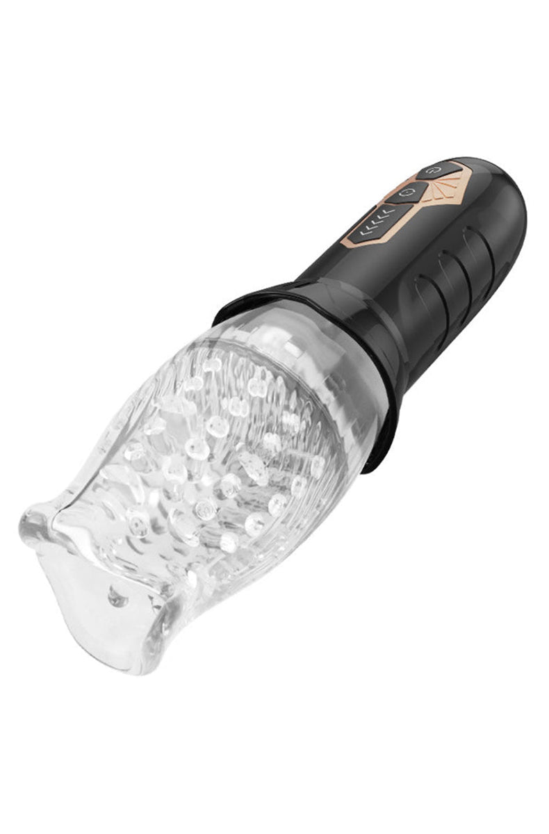 Side view of the Male Rose masturbator with the clear textured TPE sleeve open and the black motor housing with buttons.