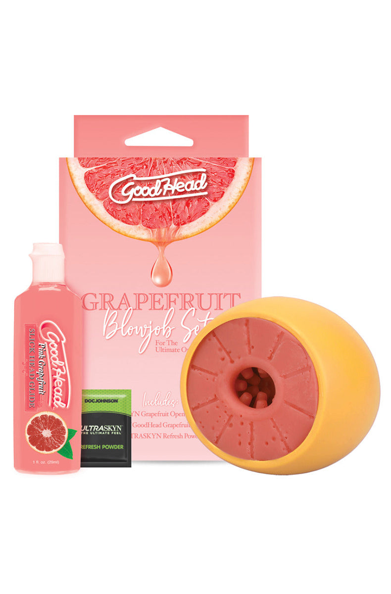 GoodHead Grapefruit Blowjob Set box, pink label, grapefruit stroker, Slick Head glide bottle, refresh powder packet.