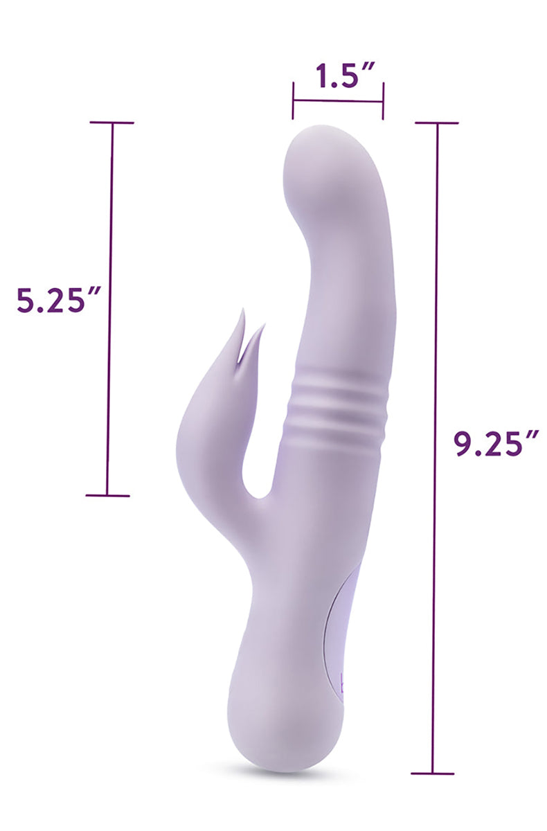 Soft lavender silicone Rylee thrusting rabbit vibrator, alternate angle on white.