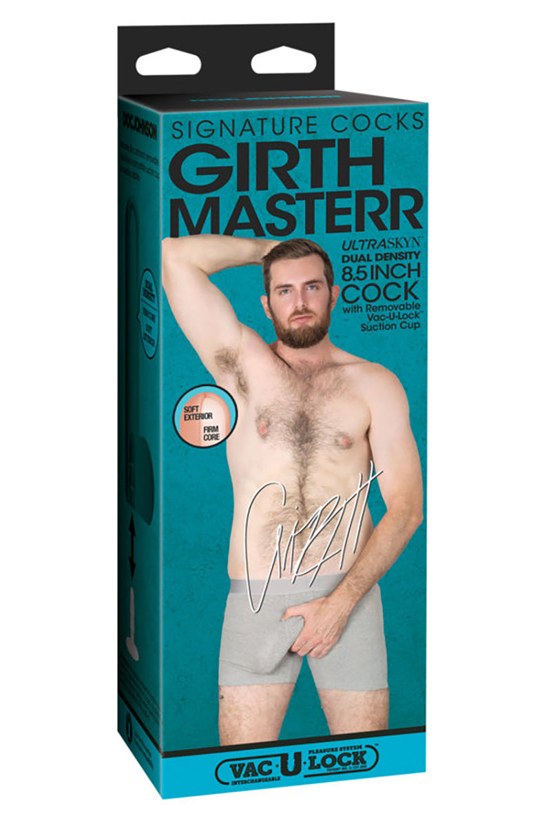 Girthmasterr 8.5 inch ULTRASKYN Vac-U-Lock dildo box, teal Doc Johnson Signature Cocks packaging with the performer.