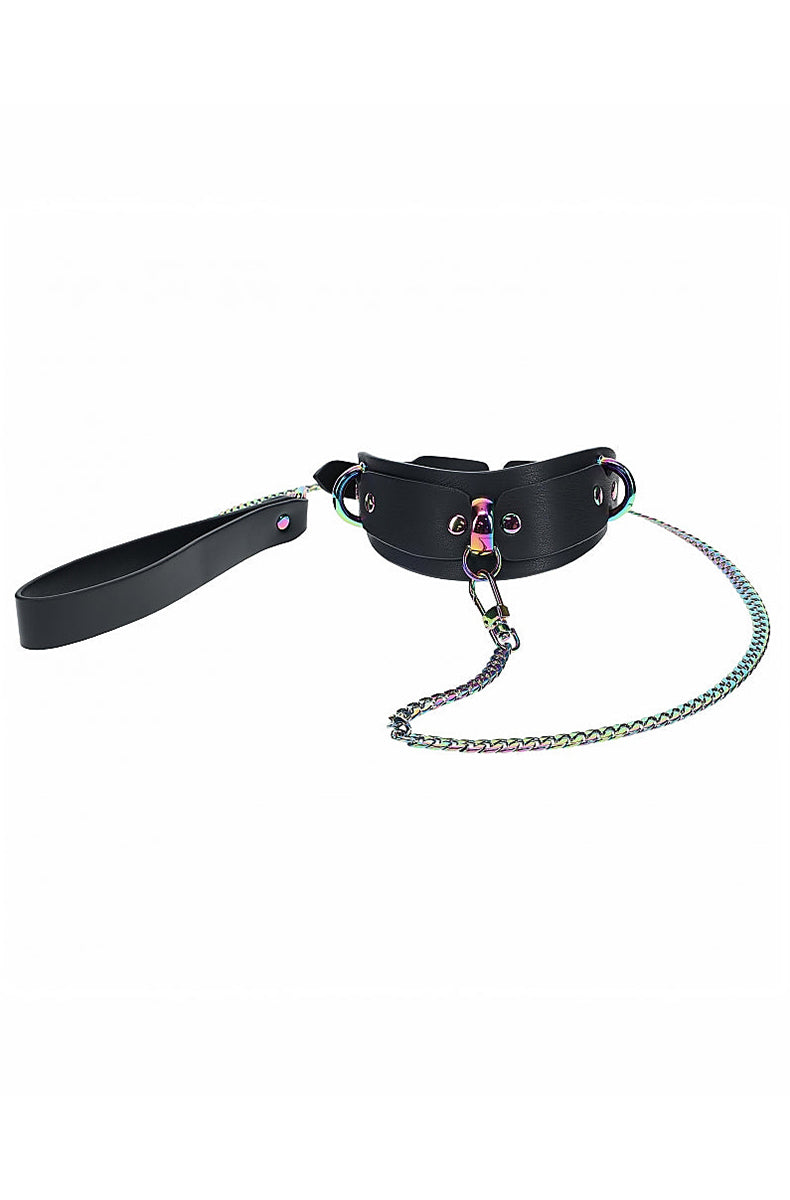 Black bonded leather collar with iridescent rainbow buckle and D-rings, with an iridescent chain leash on a black PU loop.