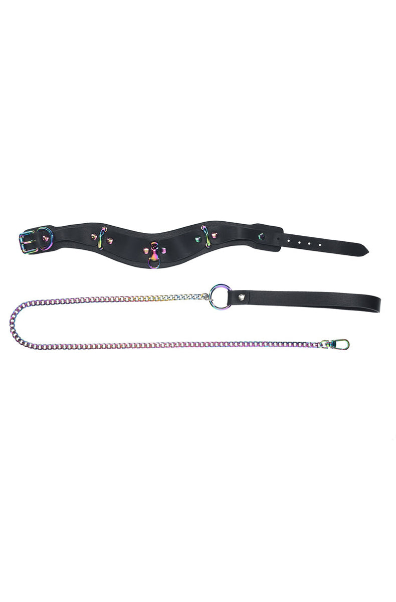 Detail view of the black wavy leather collar with iridescent buckle and rivets, and the iridescent chain leash with PU loop.