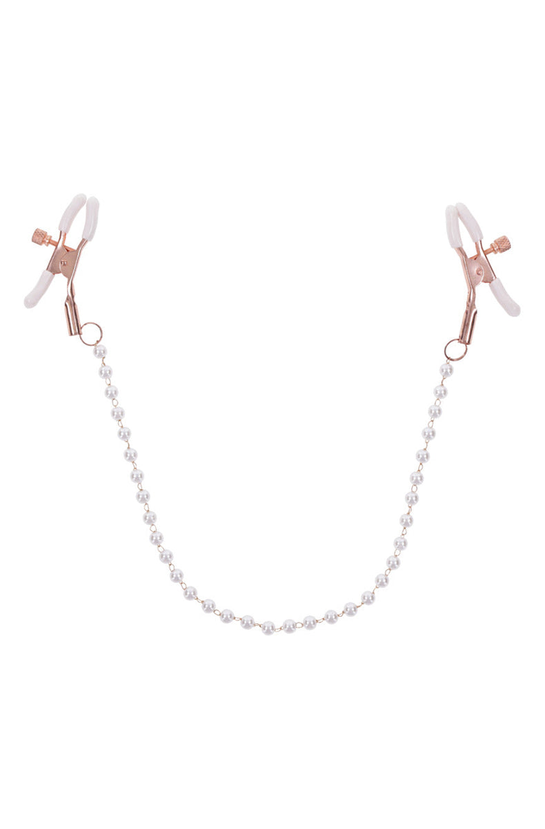Rose-gold tweezer-style nipple clamps with white rubber tips connected by a faux pearl chain with rose-gold links.