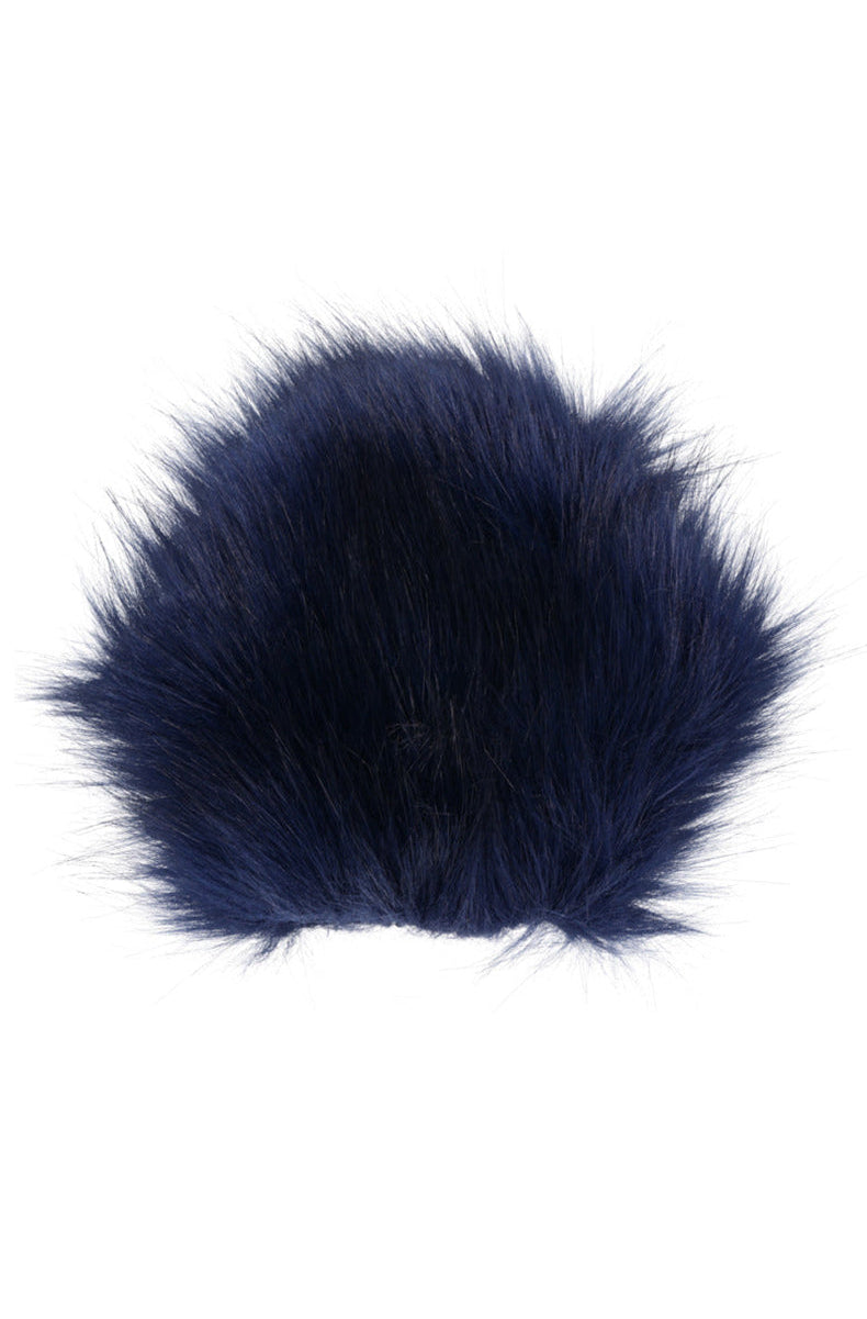 Dark navy blue faux fur sensory mitt shown fur side out, with long soft fur fibers all around the rounded shape.
