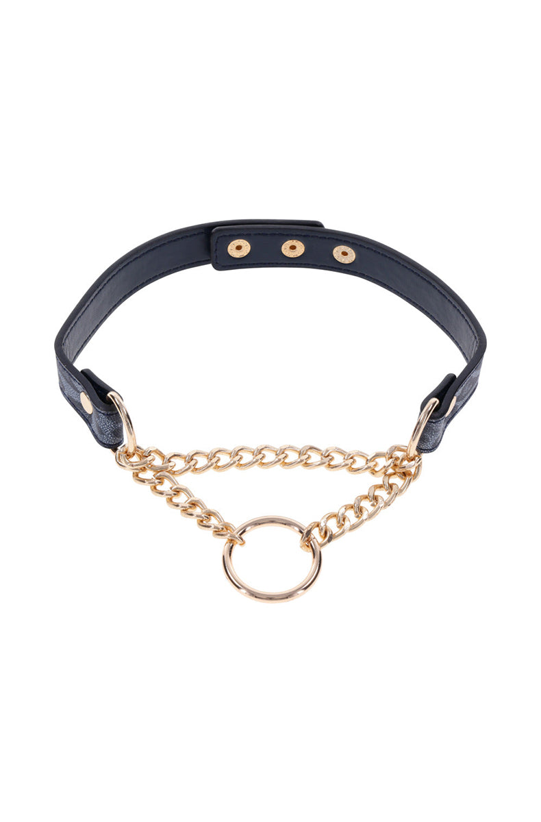 Dark blue leopard-print faux leather collar with gold buckle, rivets, and a fixed gold chain swag with a hanging gold O-ring.