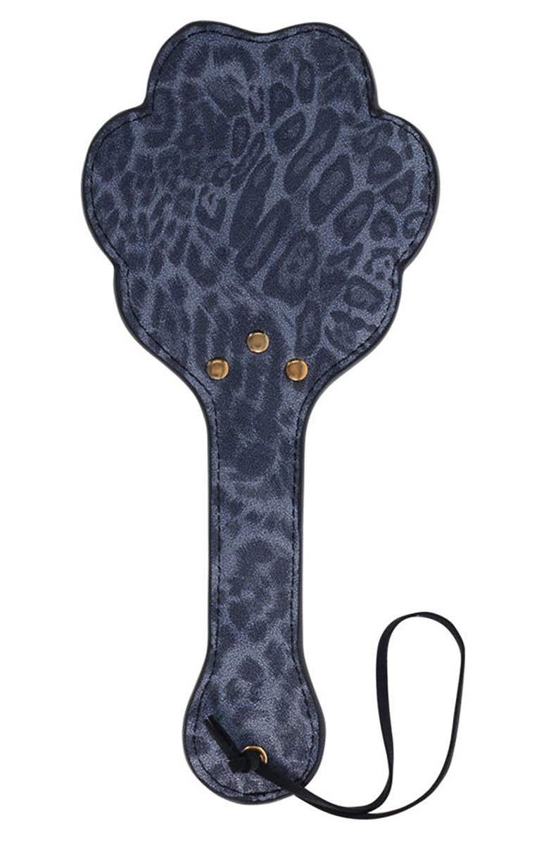 Back view of the leopard-print paw paddle showing a solid printed surface with three gold rivets at the neck.