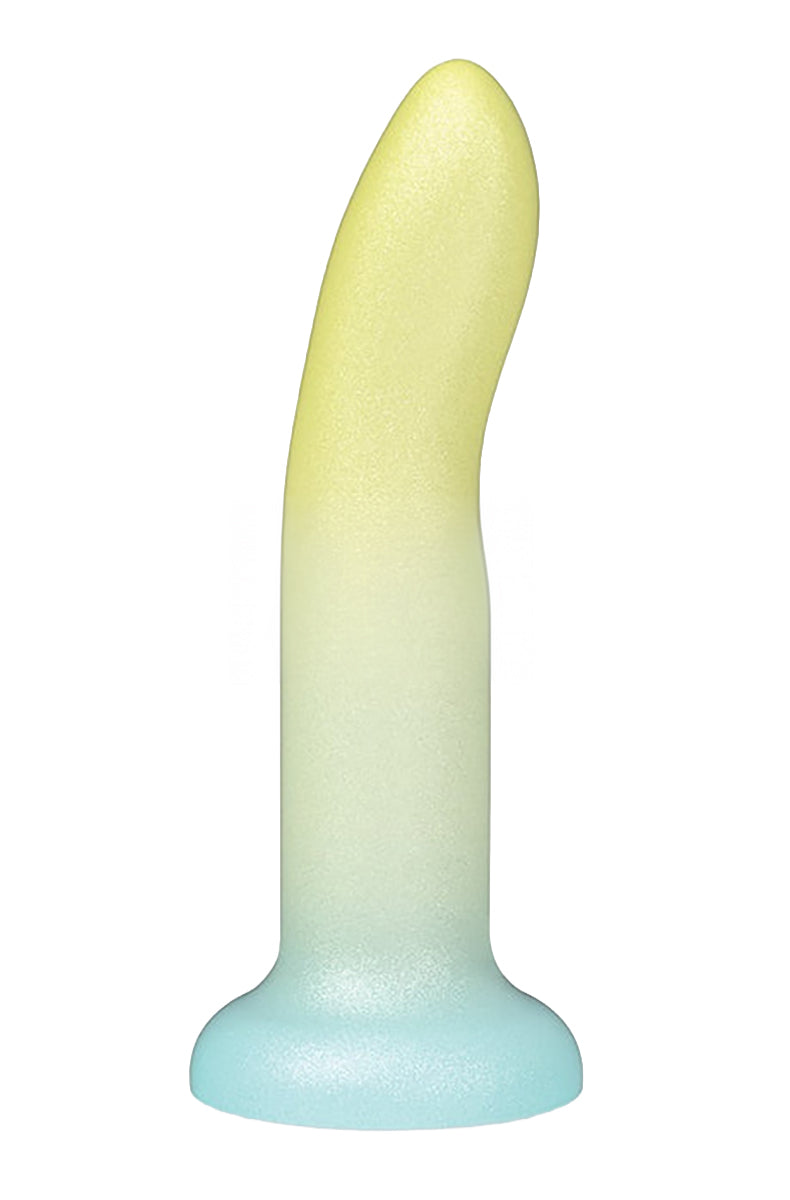 Shimmery silicone dildo fading yellow to mint to aqua, gently curved on a suction cup base