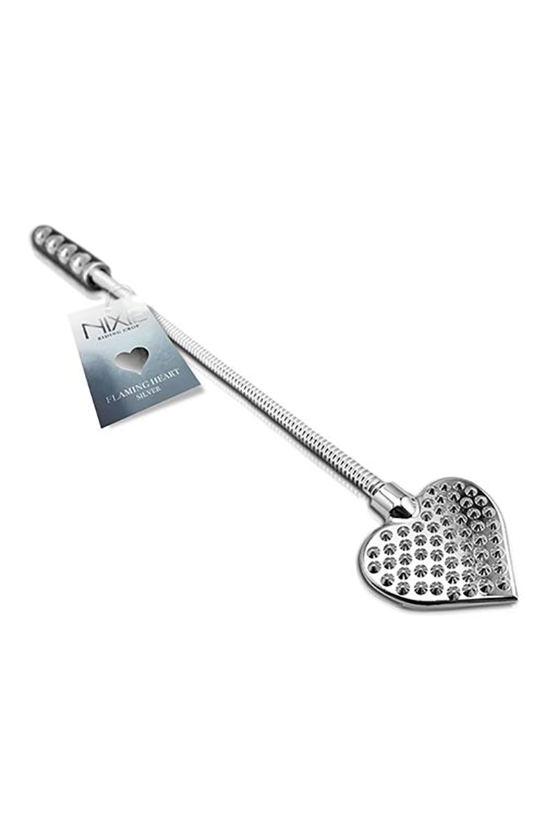 Silver flexible crop with a weighted rhinestone-covered heart tip and a snake-chain shaft with a beaded grip end.