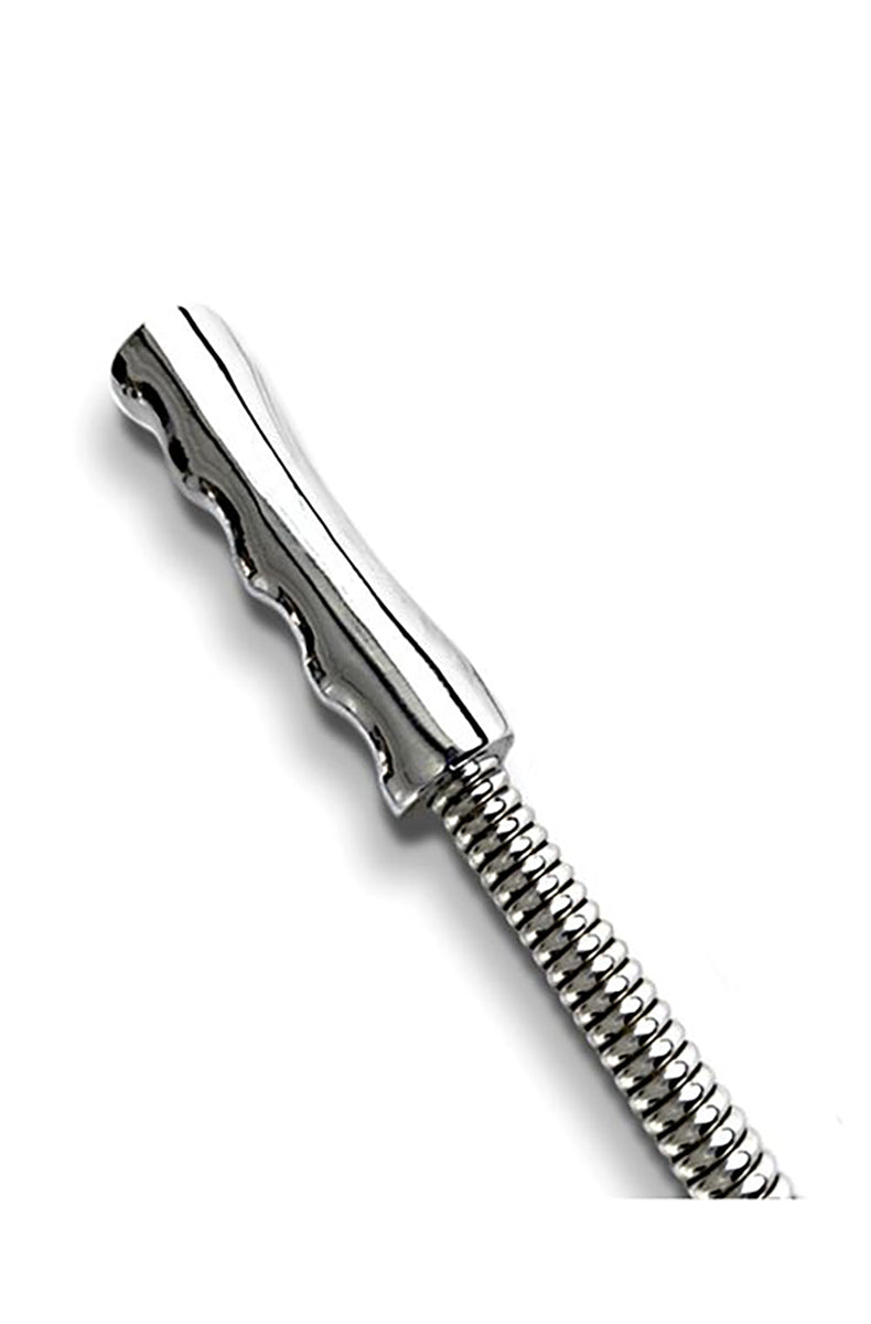 Close-up of the polished silver comfort handle joining the coiled snake-chain shaft of the rhinestone crop.