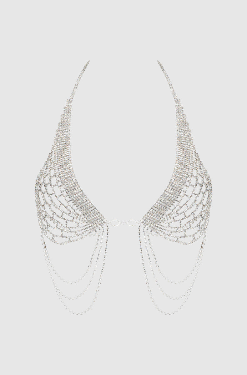 Silver rhinestone net halter bra with cascading strands laid flat