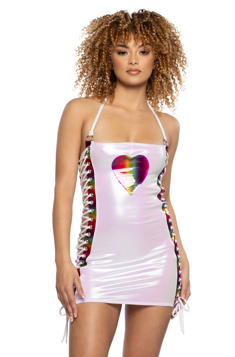 White iridescent stretch mini dress with rainbow vinyl side lace-up panels and rainbow vinyl heart at center bust