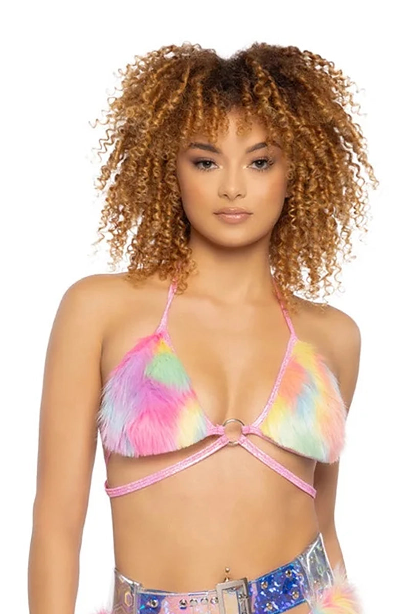 Halter triangle bikini top with pastel rainbow faux fur cups and silver O-ring at center bust
