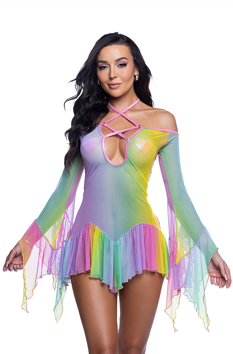 Front view of pastel rainbow ombre mesh flow dress with criss-cross halter, off-shoulder bell sleeves, and handkerchief hem.
