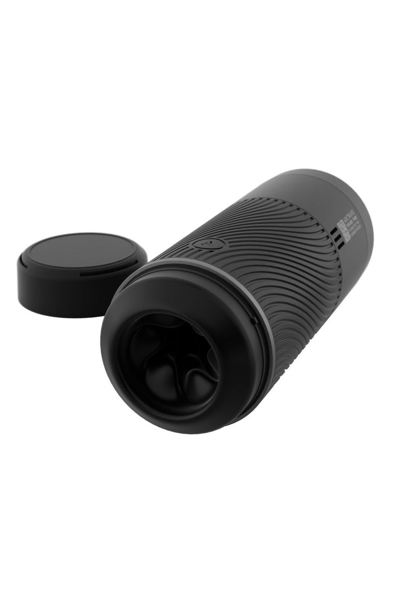 Arcwave Pow black silicone stroker on its side with the textured opening and ventilation lid visible