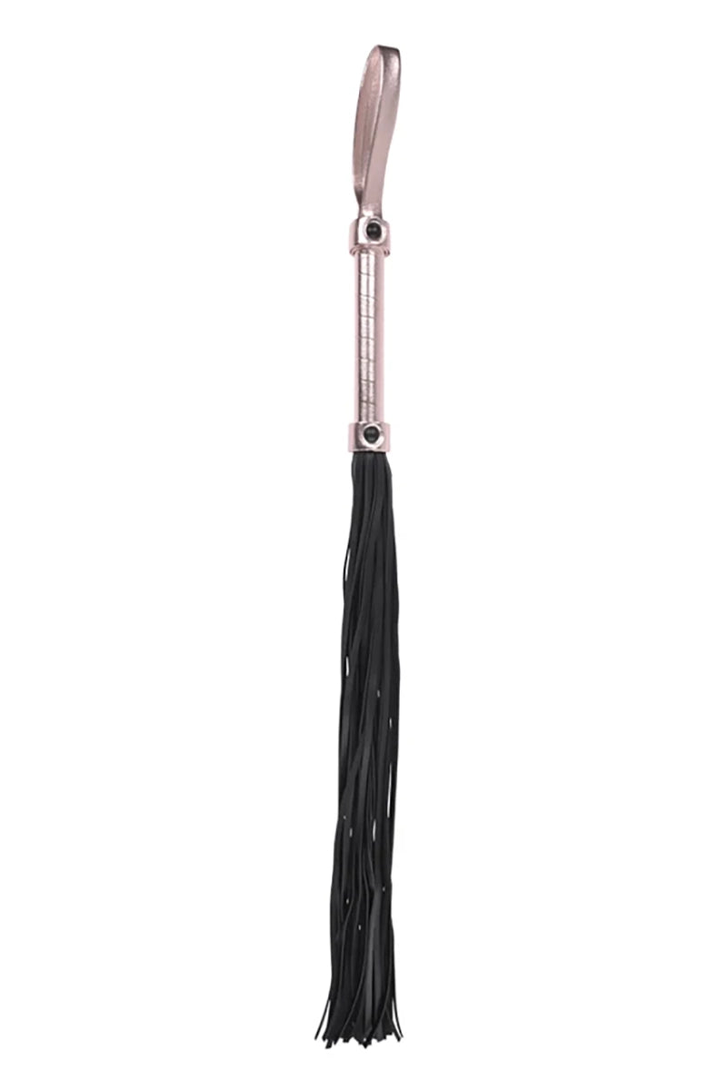 Black faux leather flogger with 30 thin falls and a rose-gold wrapped handle with a rose-gold wrist loop.