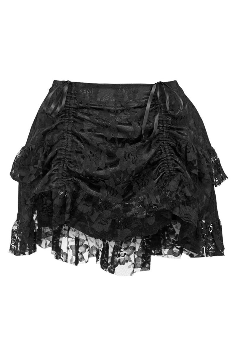 Black lace ruched bustle mini skirt with layered lace ruffle hem